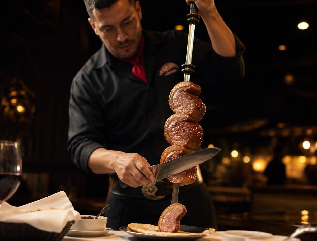 Churrasqueiro a cortar picanha do espeto junto à mesa