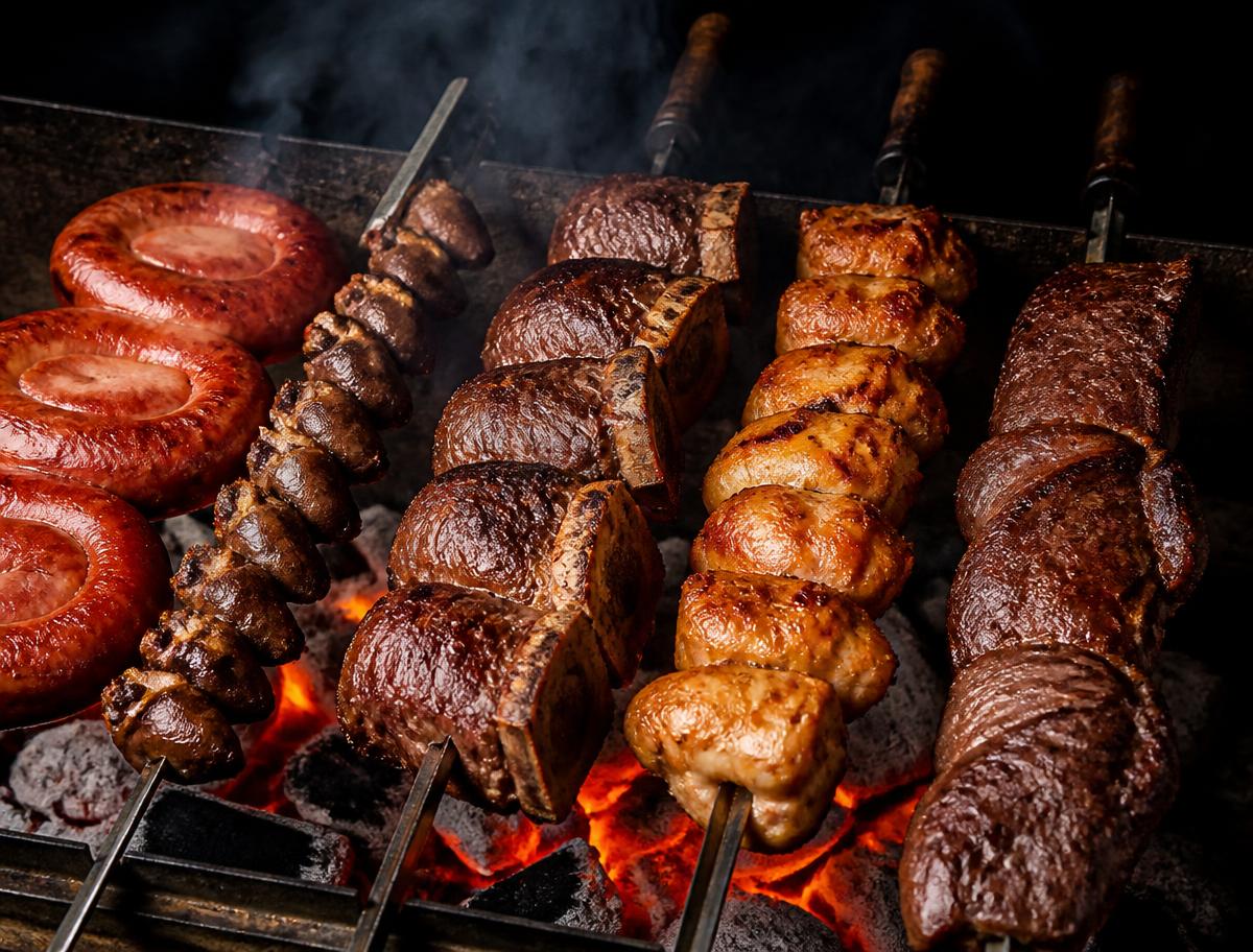 Espetos variados de carne na brasa